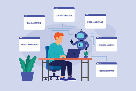 AI Office Assistant  with Businessman and Robot for Workflow Automation, Productivity, and Task Management 2d flat vector illustration