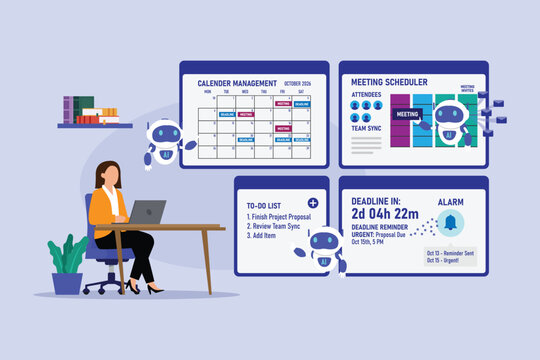 AI Calendar Management and Meeting Scheduler Concept with Businesswoman, Robot Assistants, To-Do List, and Deadline Reminder 2d flat vector illustration