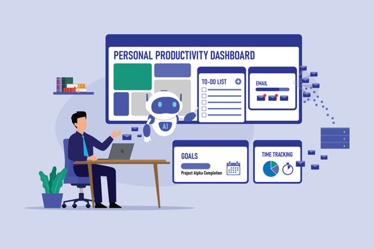 AI Personal Productivity Dashboard Concept with Businessman, Robot Assistant, Task Management, Email, and Time Tracking 2d flat vector illustration