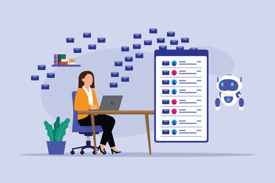 AI Email Management and Automated Inbox Sorting Concept with Businesswoman, Robot Assistant, and Messages 2d flat vector illustration