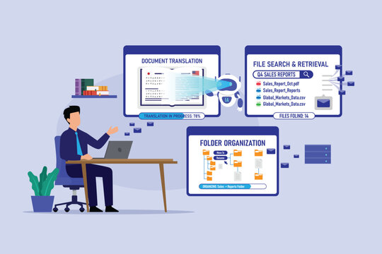 AI Document Translation, File Search, and Folder Organization Concept with Businessman, Robot Assistant 2d flat vector illustration