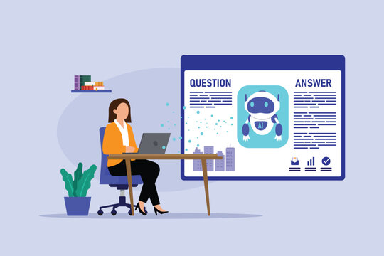 AI Question and Answer Chatbot Concept with Businesswoman, Virtual Assistant, and Information Search 2d flat vector illustration