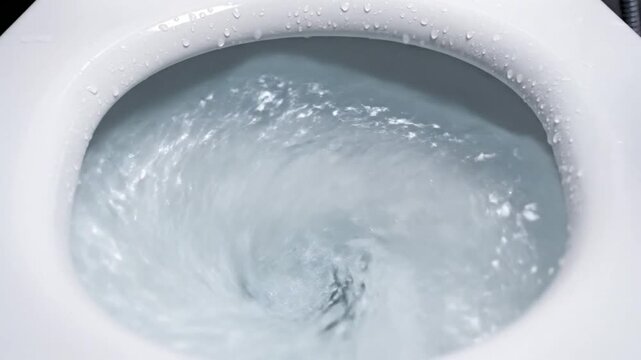 Close up of a toilet being flushed as water rapidly fills the bowl and swirls down the drain.