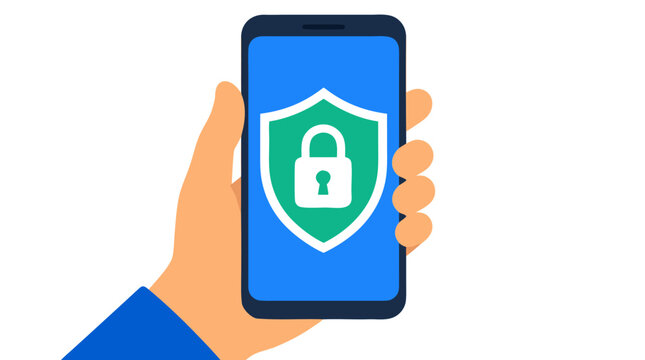 Hand holding smartphone with green shield and padlock icon on screen, bold flat colors, mobile security, antivirus, data protection, and privacy concept illustration