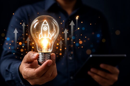 Hand holding glowing light bulb with rocket icon and upward arrows, innovation concept