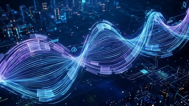 A glowing digital double helix structure over a futuristic city grid