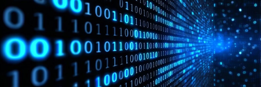 Abstract background featuring binary code stream with glowing blue digital numbers in perspective.