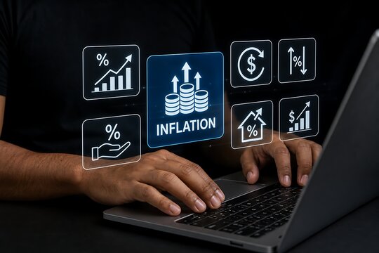 Business analyst working on laptop with inflation and financial data visualization