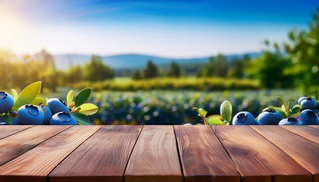 Close Up Of Empty Wooden Table With Blurred Blueberry Farm Field Background