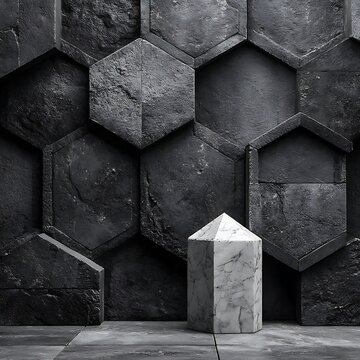 White marble hexagonal pedestal for product display standing against a modern dark slate wall with three-dimensional hexagonal tiles in a luxury geometric studio room