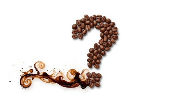 Coffee beans arranged as a question mark on a white background, representing themes of caffeine, curiosity, coffee culture, communication, and design.