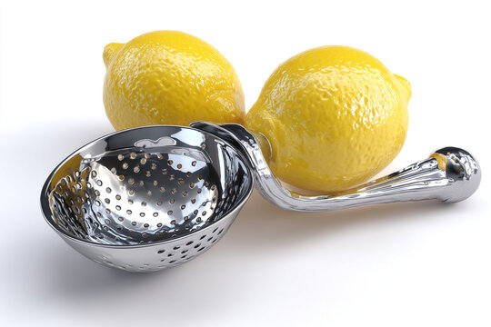 High angle studio shot of shiny chrome metallic hand held citrus lemon squeezer juicer tool placed with two fresh whole yellow ripe lemons isolated on pure white background, kitchen utensil.