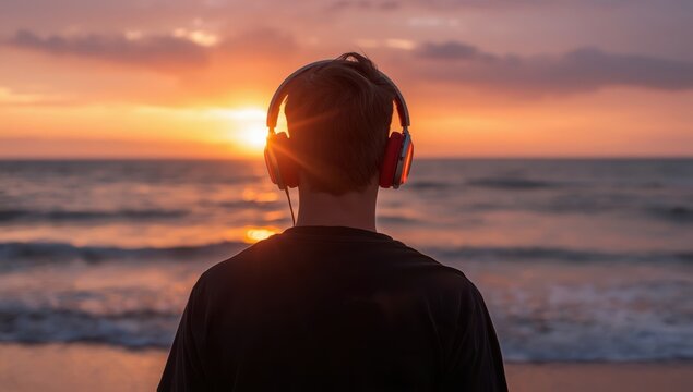Back view of a young man wearing large headphones by the ocean at sunset, enjoying music with his back facing the camera.
