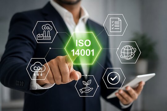 Businessman interacting with iso 14001 environmental management system interface