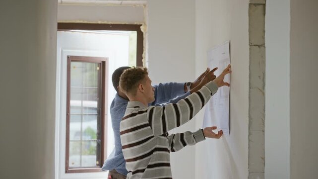 Caucasian young adult man and African American young adult man examining architectural blueprints on wall inside unfinished house. Footage is perfect for home renovation and construction marketing