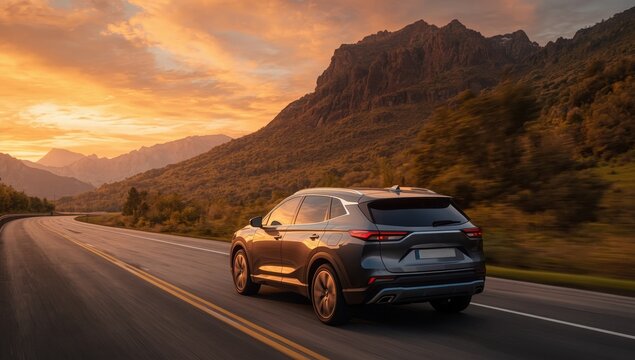 A hybrid SUV travels on a picturesque road with stunning nature and a golden sunset behind.