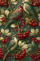 Obraz premium Seamless Vintage Botanical Pattern with Birds, Berries and Forest Foliage