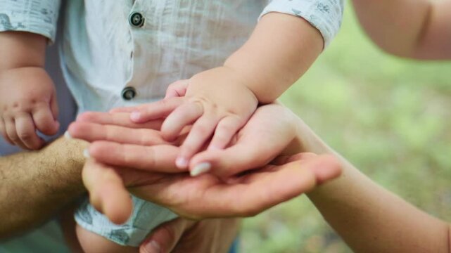 Toddler's tiny hands rest gently in two adult palms. The child looks up, smiling, enjoying the moment. Adults show care and affection with soft, loving expressions. This scene captures family bonding