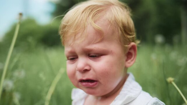 Child cries softly in grassy field. Blonde hair messy, eyes watery, mouth open. Sad expression, head lowered slightly. Background blurred greenery. Could depict toddler upset, lost toy
