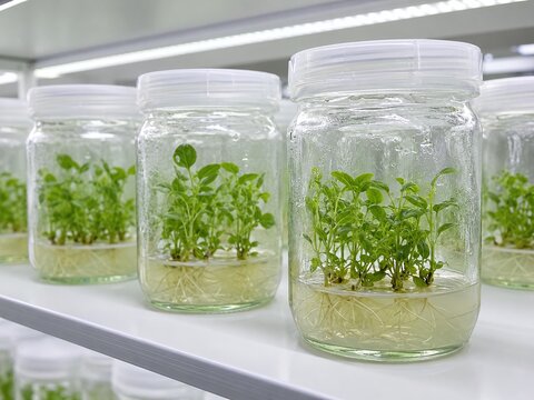 Rows of transparent laboratory containers holding green plantlets with visible roots in growth medium, representing plant tissue culture, micropropagation, and agricultural biotechnology.