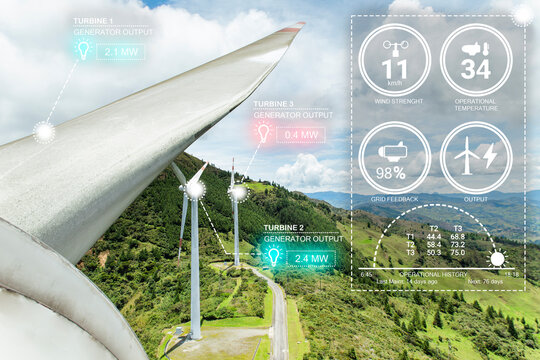 Digital data visualization overlays a modern wind farm landscape