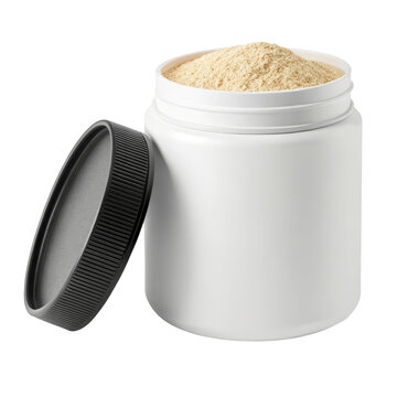 White supplement jar filled with mushroom powder for nutrition packaging product branding wellness container