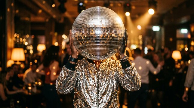 Mysterious partygoer in gold sequined jacket holding large mirrored disco ball, face hidden, blurred nightclub crowd and glowing warm bokeh lights background, glamorous nightlife celebration