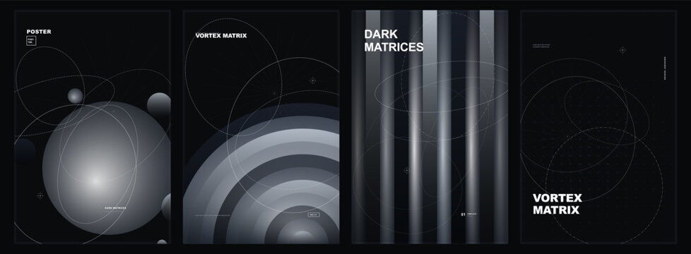 Dark matrices and vortex matrix abstract poster backgrounds with four dark minimalist patterns circles design shapes modern black white lines grey
