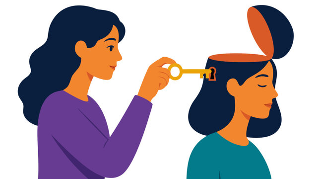 Woman using golden key to unlock another woman's opened head, symbolizing psychology, mental health, self-discovery, therapy, introspection, subconscious mind, flat vector illustration