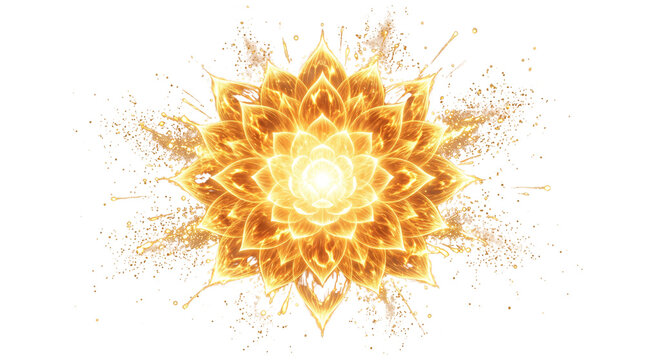Golden lotus flower mandala with paint splashes, glowing floral explosion on white background, spiritual zen art for meditation