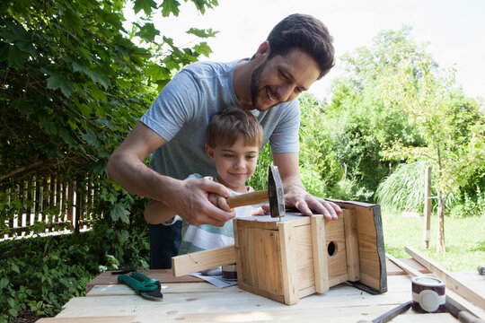 Father and son timbering a birdhouse