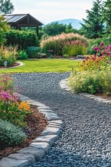 Obraz premium A Beautiful Landscaped Garden Featuring a Winding Gravel Pathway and Vibrant Flowers Under Morning