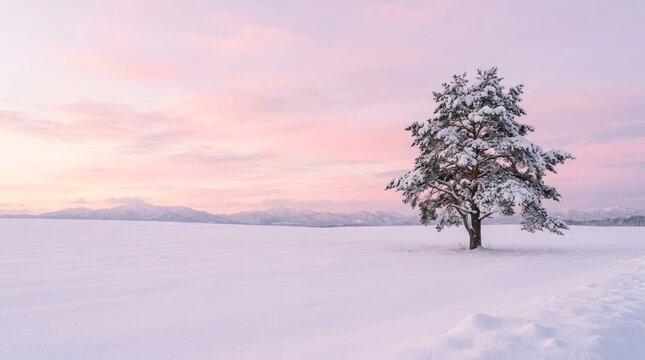 A single lonely pine tree covered in fresh white snow standing in a vast empty field during a soft pink sunset
