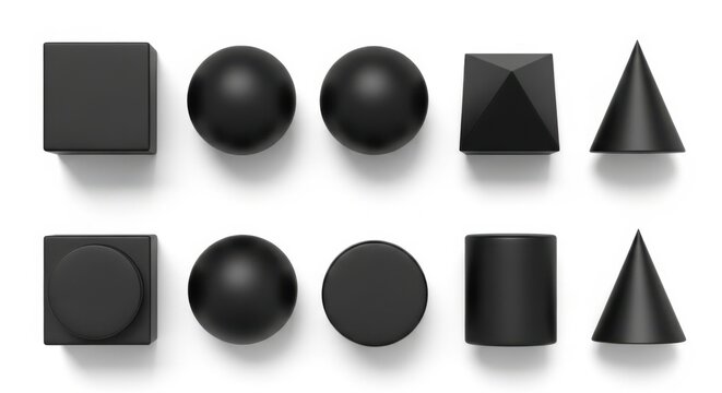Set of 3D Matte Black Geometric Primitive Shapes on White Background