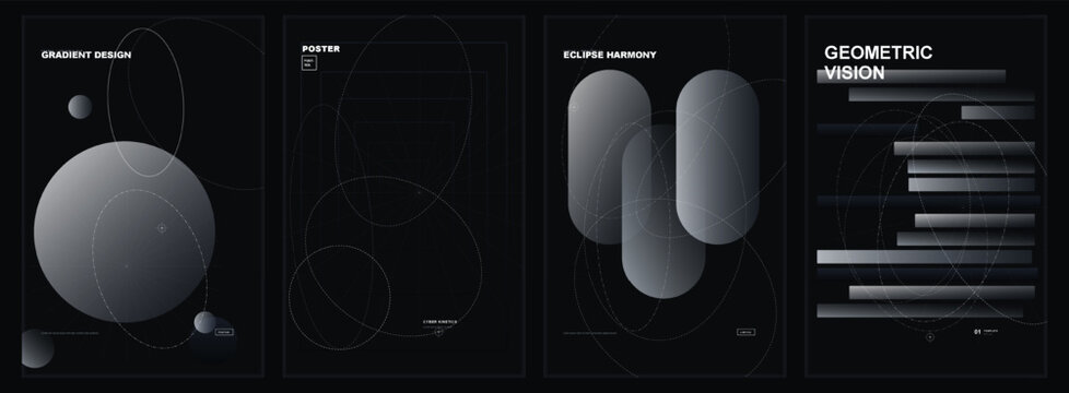 Geometric poster templates with gradient design with templates various shapes black gray geometric four black background abstract eclipse harmony pattern vision