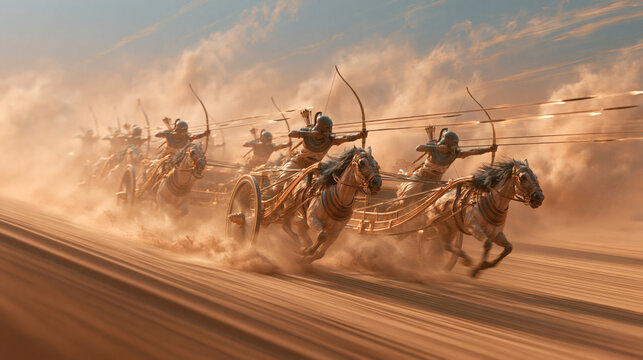 Ancient warriors riding horse drawn chariots across a desert landscape while shooting arrows during a fast paced battle scene at sunset
