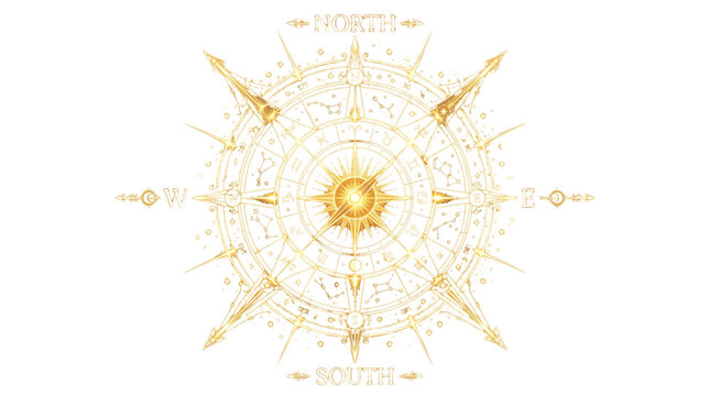 Vintage gold compass rose with celestial sun, ornate nautical wind rose illustration, golden navigation map element on white background