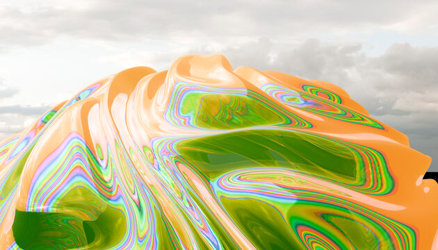 Abstract colorful 3d fluid shape with iridescent swirl against sky
