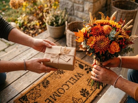 A person giving a gift box and a beautiful autumn flower bouquet to a friend at the front door