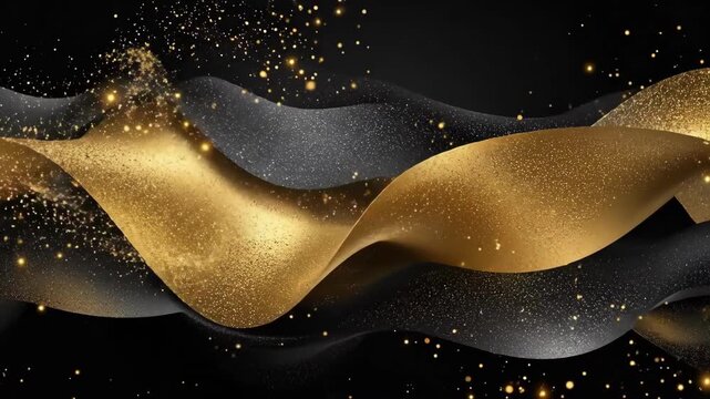 Abstract gold and black wave pattern with glittering particles