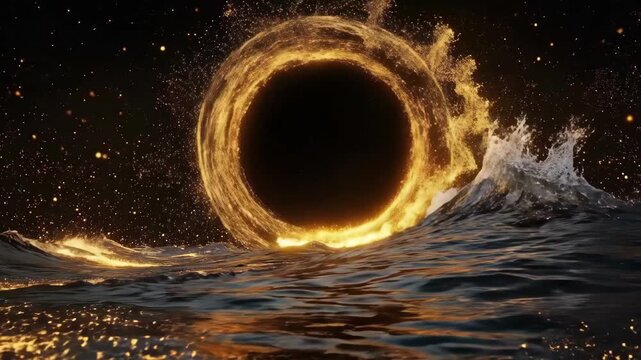 Luminous gold ring in cosmic wave setting with sparkling particles