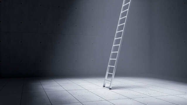 A white ladder leans against a concrete wall in an empty room