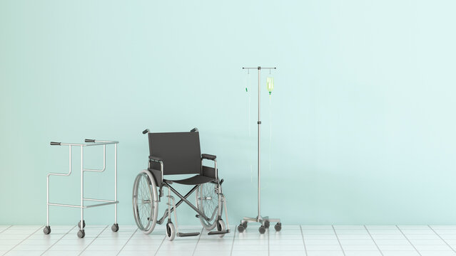 Medical equipment lines an empty hospital room