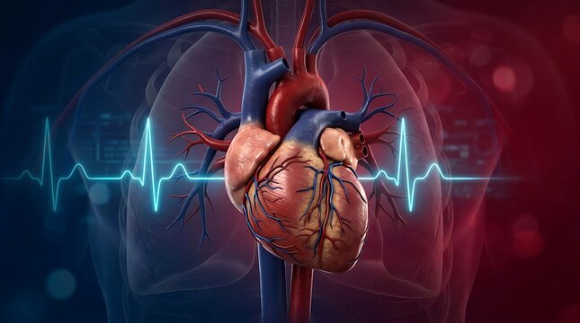 3d medical illustration of a human heart with coronary arteries and veins, featuring a glowing ekg rhythm line against a dark background