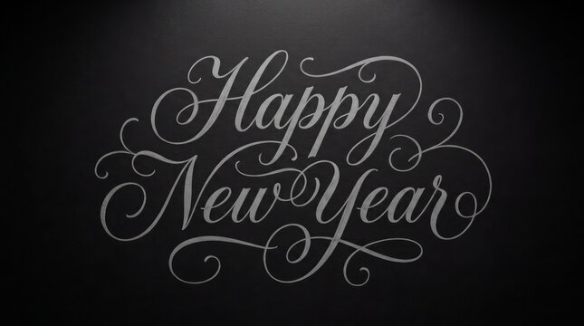 Elegant happy new year text with fancy silver calligraphy script lettering on a dark black background for holiday