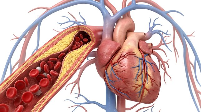 3d medical illustration of a human heart with an artery showing atherosclerosis plaque buildup and restricted blood flow
