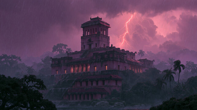 An ancient stone temple stands in the middle of a dense jungle during a heavy rain storm with a bright lightning bolt striking in the dark purple sky