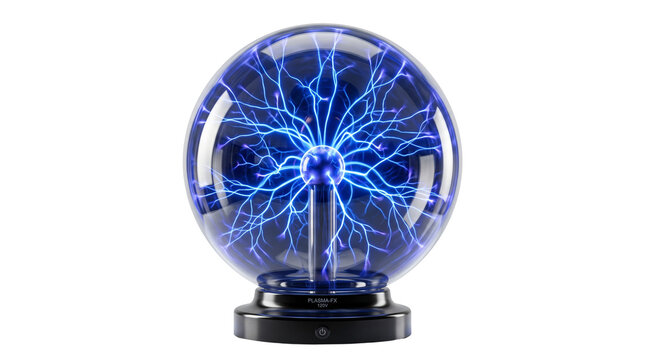 Electric blue plasma ball lamp with glowing lightning filaments, glass sphere with high voltage discharge, scientific physics experiment on white background