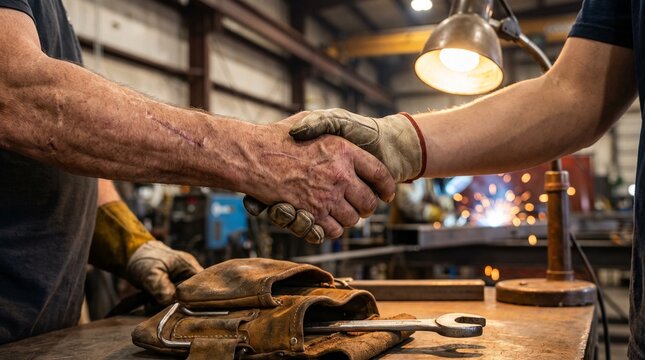 Close-Up of Experienced Welder and Young Apprentice Hands | Construction Industry Mentorship, Skilled Trade Training, Knowledge Transfer, Industrial Workshop Stock Photo