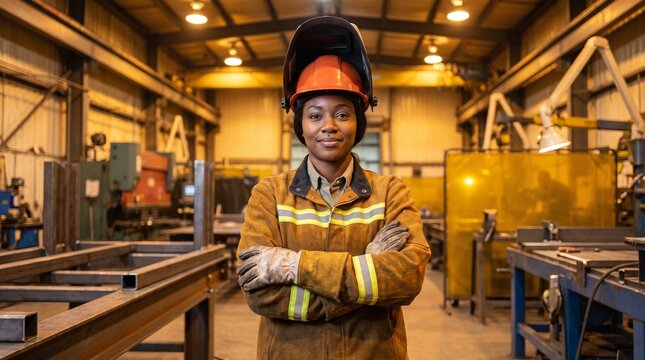 Confident African American Female Welder in Modern Protective Gear at Industrial Workshop | Professional Construction Industry Stock Photo 16:9